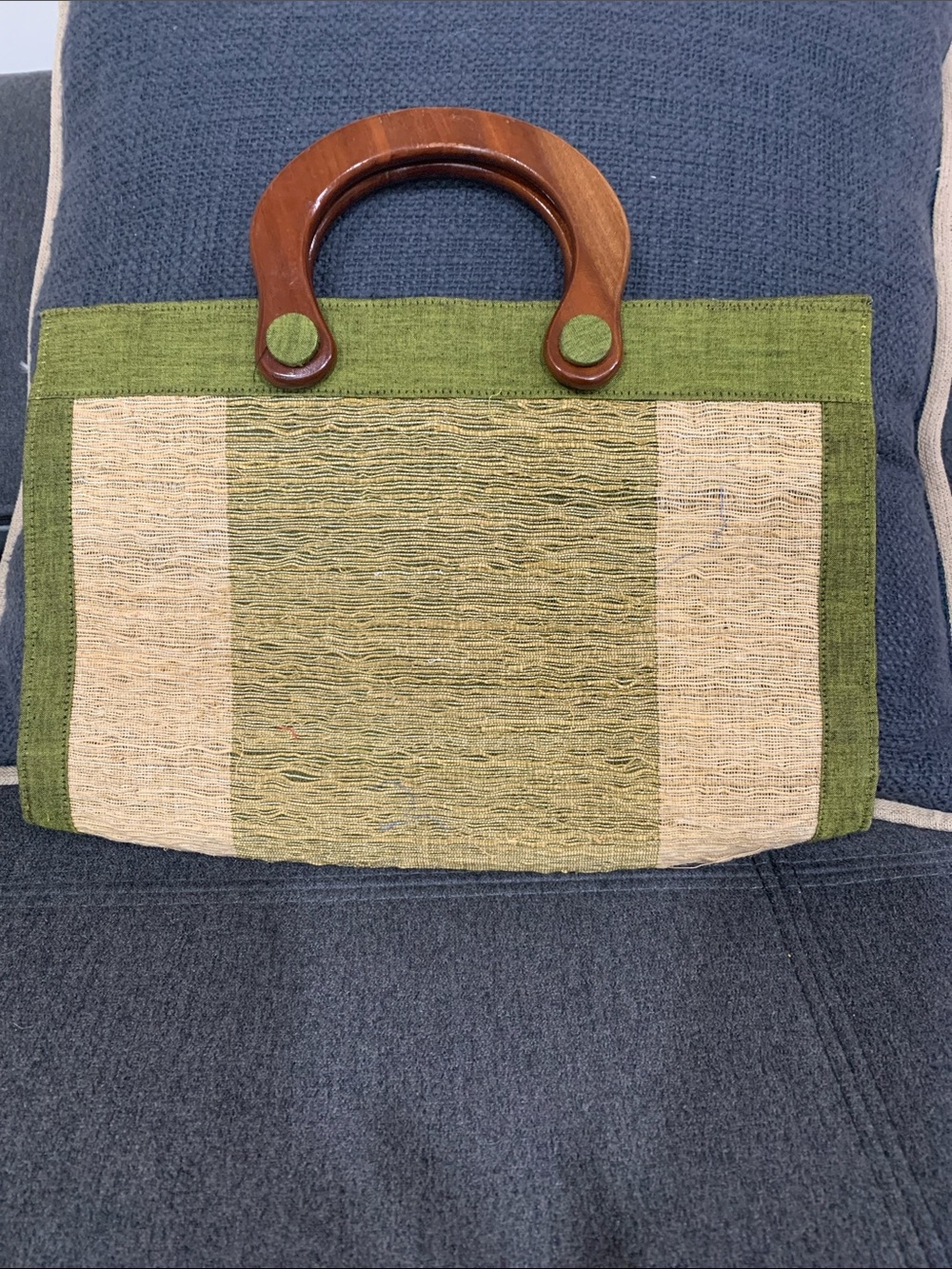 Green and Natural Woven Tote with Wooden Handles